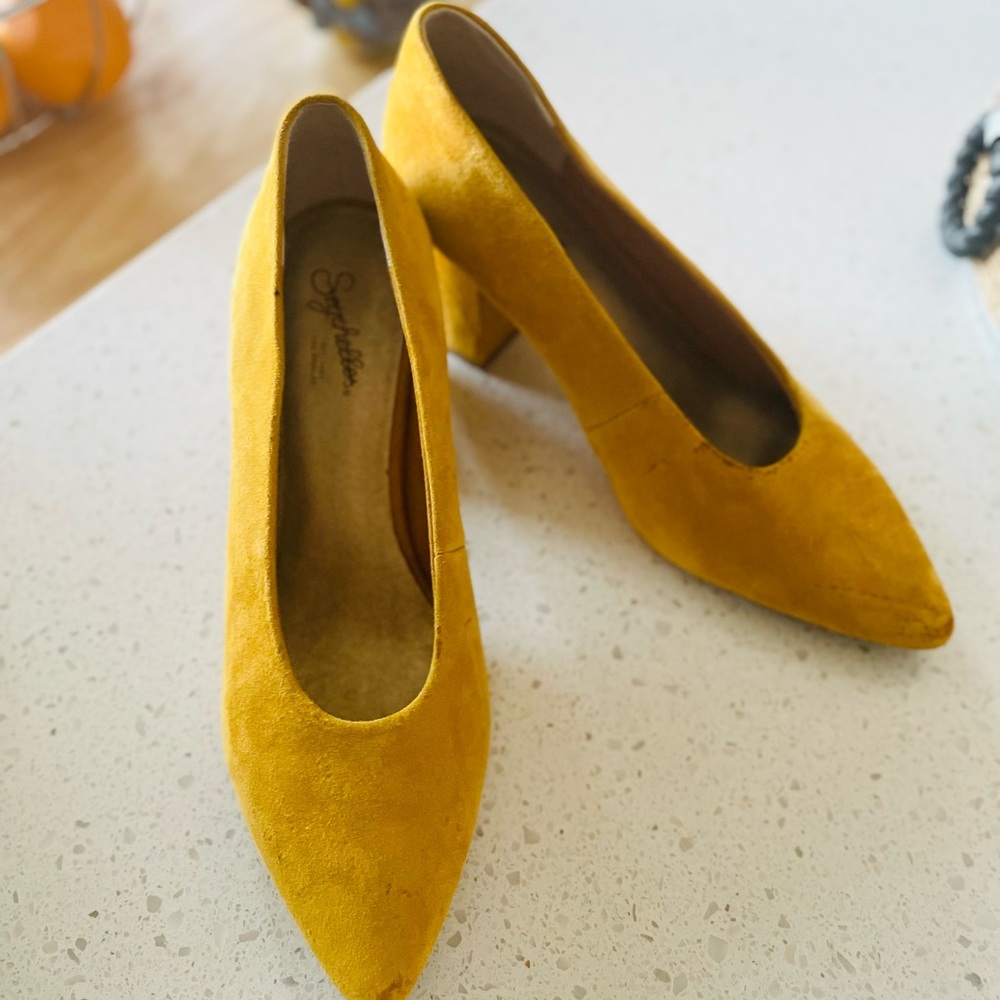 Brand New Yellow Suede Block Heel Pumps – No Box